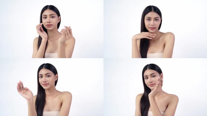 美丽年轻的亚洲女性，干净清新的皮肤在白色的背景，面部护理，面部护理，美容，美容和水疗，亚洲女性肖像。