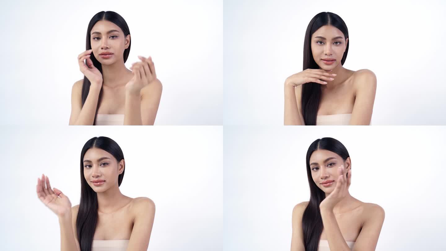 美丽年轻的亚洲女性，干净清新的皮肤在白色的背景，面部护理，面部护理，美容，美容和水疗，亚洲女性肖像。