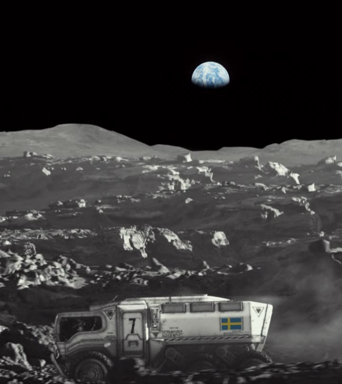 月球的太空殖民。放大带有瑞典国旗的月球车探索月球表面的垂直视频