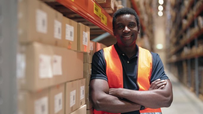 在配送仓库工作的微笑的年轻非洲员工