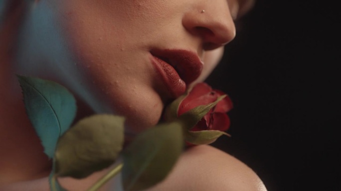 性感的女人用红色的口红和纹身黑色背景工作室拍摄跳舞与一个单一的红玫瑰和压花瓣对脸颊