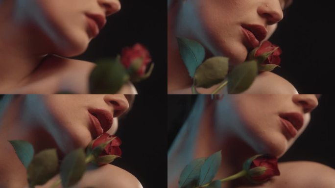 性感的女人用红色的口红和纹身黑色背景工作室拍摄跳舞与一个单一的红玫瑰和压花瓣对脸颊
