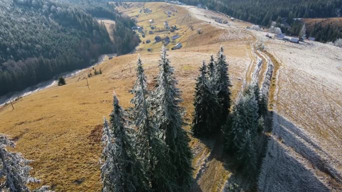 冬季森林自然白雪覆盖的冬季树木高山景观清晨日出假日旅游霜冻的树顶鲜艳的色彩空中4k