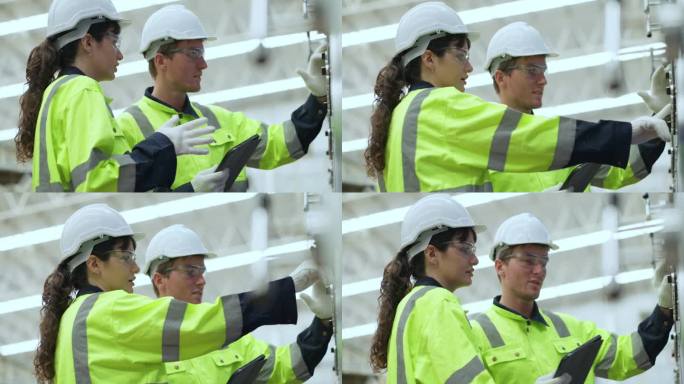 两名工程师在工厂检查机器。