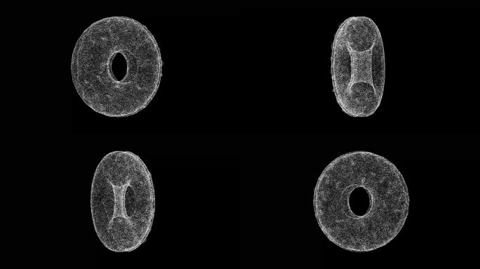 3D甜甜圈旋转黑色背景。商业广告背景。用于标题，文本，演示。物体溶解了闪烁的微粒。3d动画60 FP