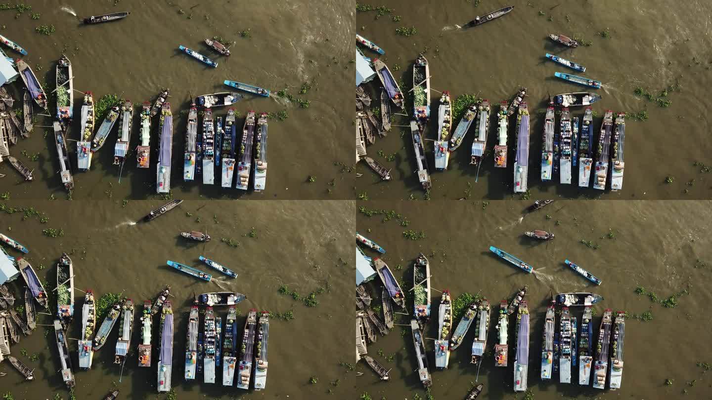 雅南水上市场航拍视频，这是一个著名的市场，位于一条河上，分为5个分支，社庄省