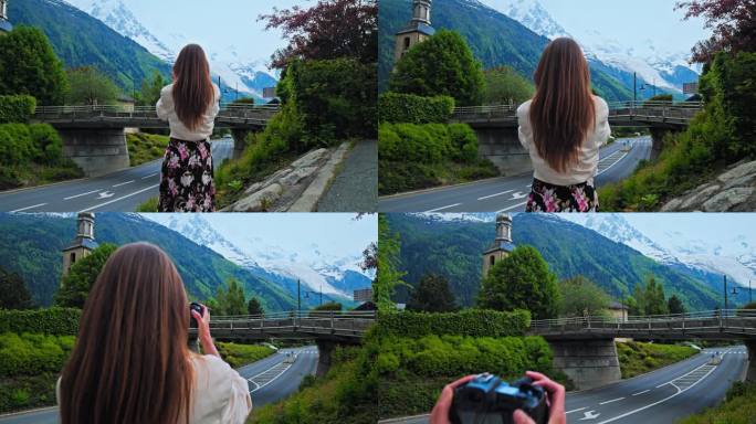 旅游女孩在夏蒙尼以阿尔卑斯山为背景拍照。