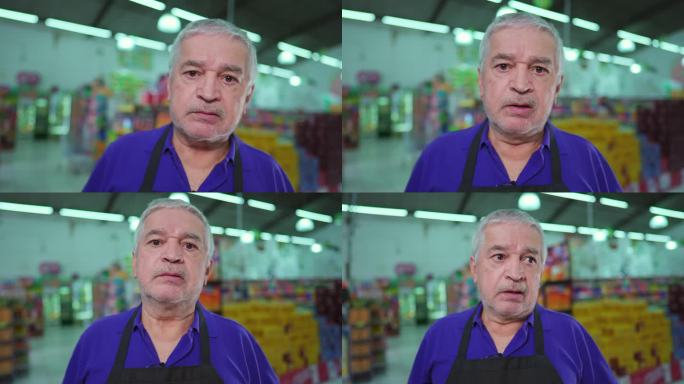 一位忧心忡忡的上了年纪的超市经理在艰难时期挣扎的写照。心事重重没刮胡子的白发老企业主