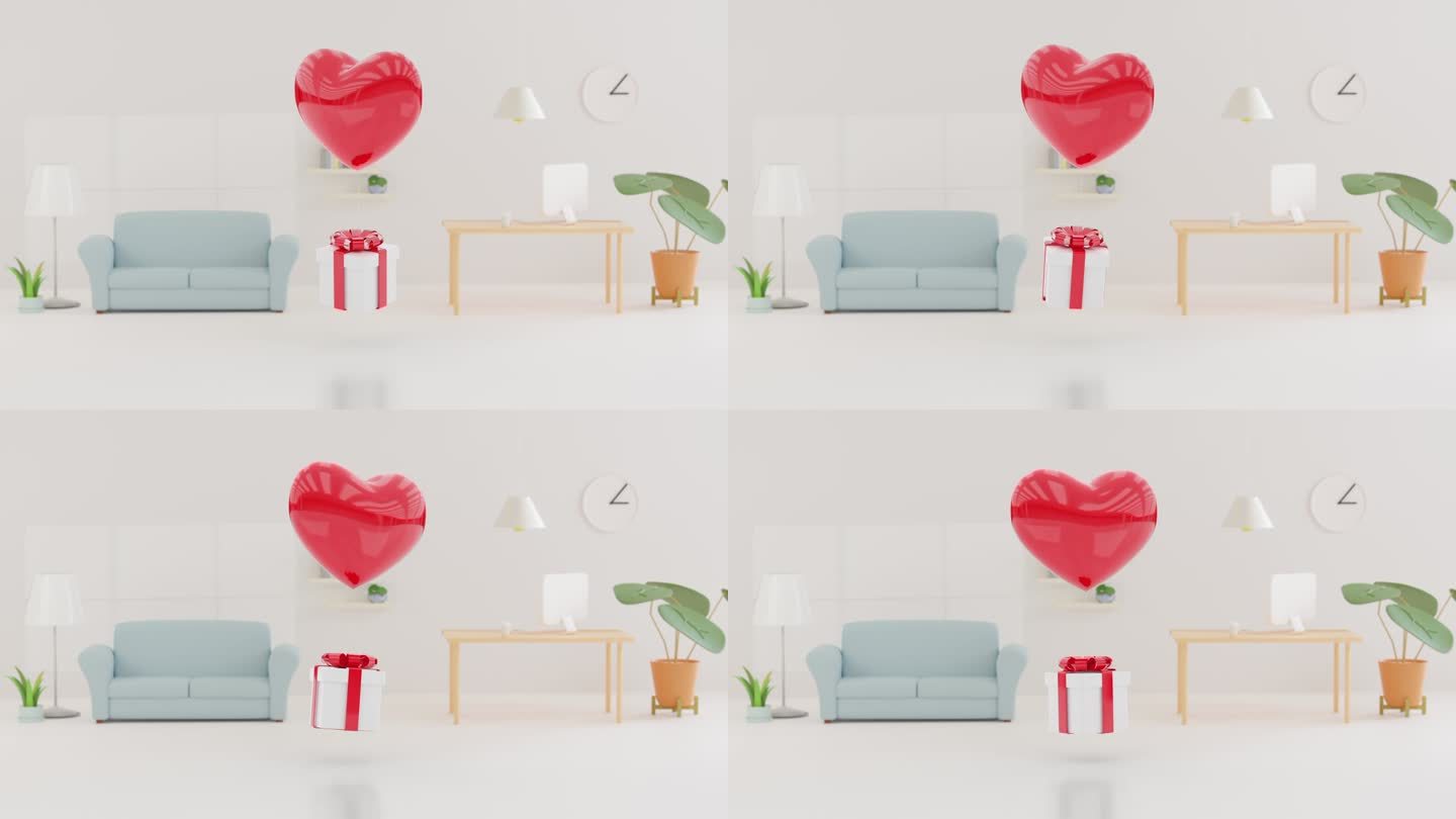 情人节快乐用心形气球礼盒在空中飘着复制空间，用于装饰。3 d渲染。