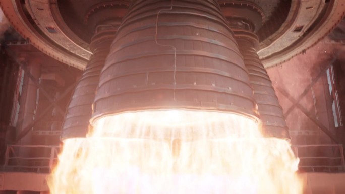 火箭发动机点火的特写镜头。初始脉冲后，喷口喷出强大而炽热的火焰。太空探索火箭发射。