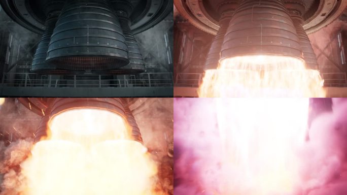 火箭发动机点火的特写镜头。初始脉冲后，喷口喷出强大而炽热的火焰。太空探索火箭发射。