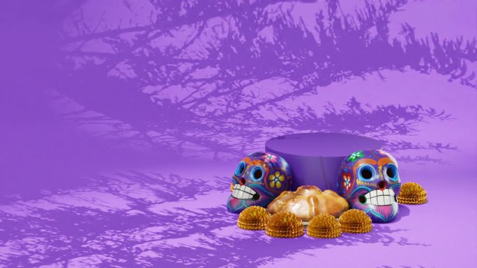 亡灵节，亡灵节，设计模型，墨西哥，头骨，传统花卉和糕点，紫色背景