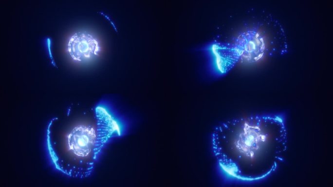 抽象能量球与飞行发光明亮的蓝色粒子，科学未来原子与电子高科技背景