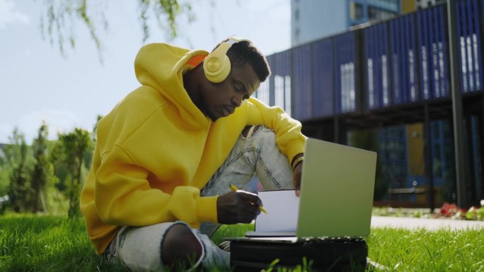 网络教育与笔记本电脑与老师的交流，公园黑人男学生的肖像