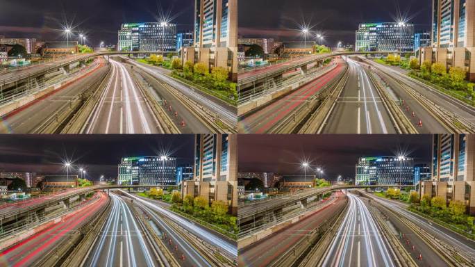 黄昏时分高速公路和高速公路上拥挤的交通运输的长时间曝光