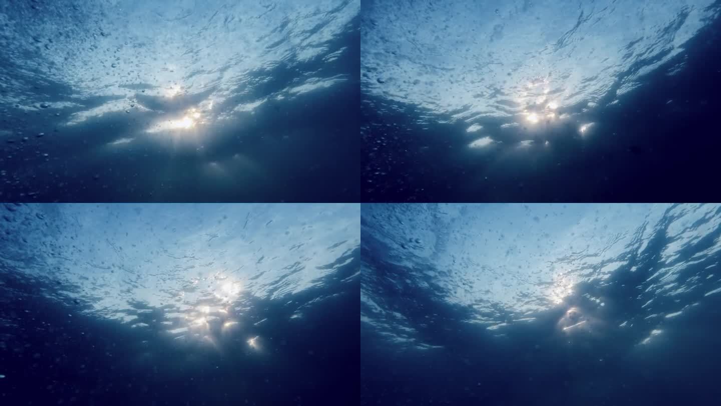 从海底看透过水面的阳光。上升的气泡在光中闪闪发光。