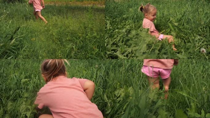 一个小女孩光着脚在草地上奔跑。缓慢的运动。一个漂亮的孩子在草地上奔跑。孩子光着脚在草地上奔跑，摔倒了