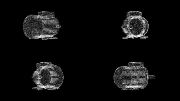 3D电动马达在黑色背景上旋转。三相感应电动机。商业广告背景。用于标题，文本，演示。物体溶解了闪烁的微