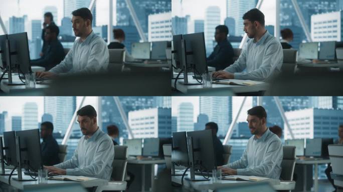 男性客户经理在不同公司办公室的台式电脑上打字，拥有大都市的窗口视图。专业的白种人为咨询公司制作报告。