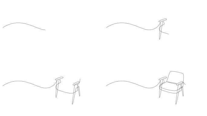 由一条连续的线绘制的斯堪的纳维亚风格的椅子的自绘制动画。动画单线涂鸦家具的客厅或酒店的概念。