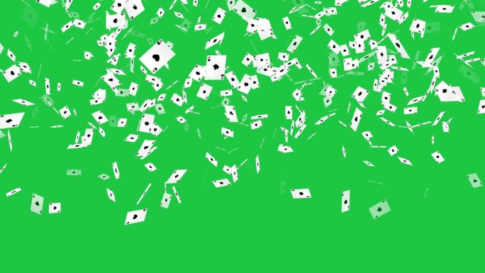 纸牌落在绿色屏幕背景上。4种类型的纸牌是下落的红心，梅花，方块和黑桃。循环动画赌场卡赌博绿屏幕背景