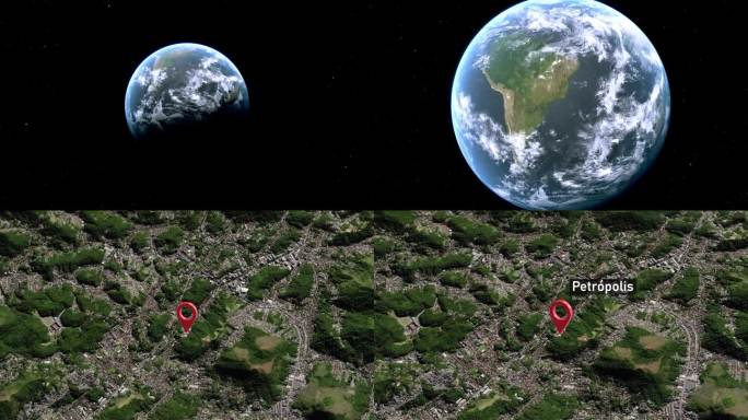 Petrópolis城市地图从太空到地球缩放，巴西
