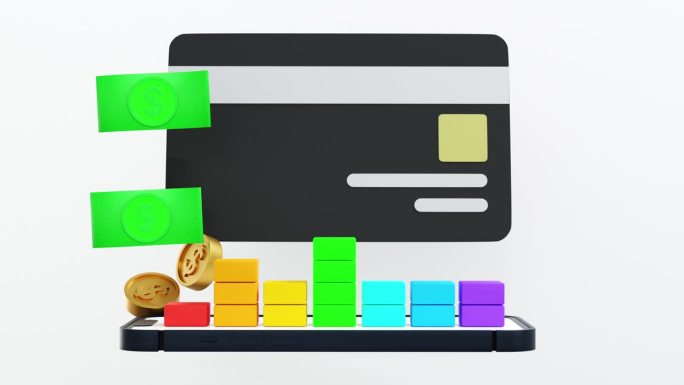 手机用信用卡或ATM卡和投币钞票，网上购物支付，3D渲染，循环画面4K。