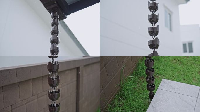 倾斜向下拍摄的装饰钟形金属雨链连接到屋檐上的排水沟，雨水从上到下流下来。