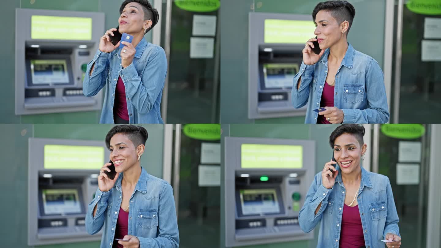 年轻漂亮的西班牙女人拿着信用卡在银行柜员处讲手机