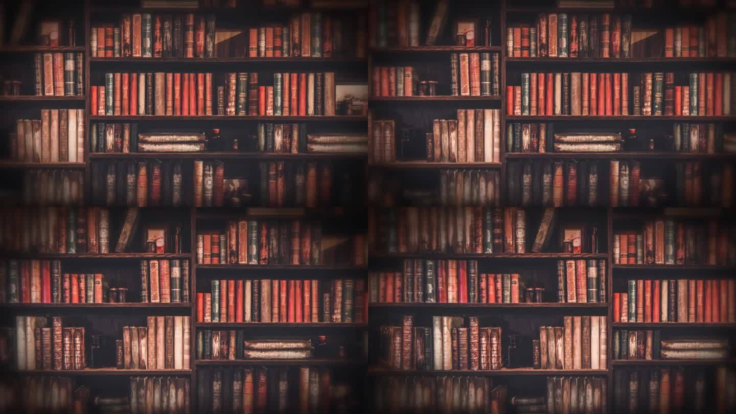 棕色书籍的书架档案复古图书馆。变焦
