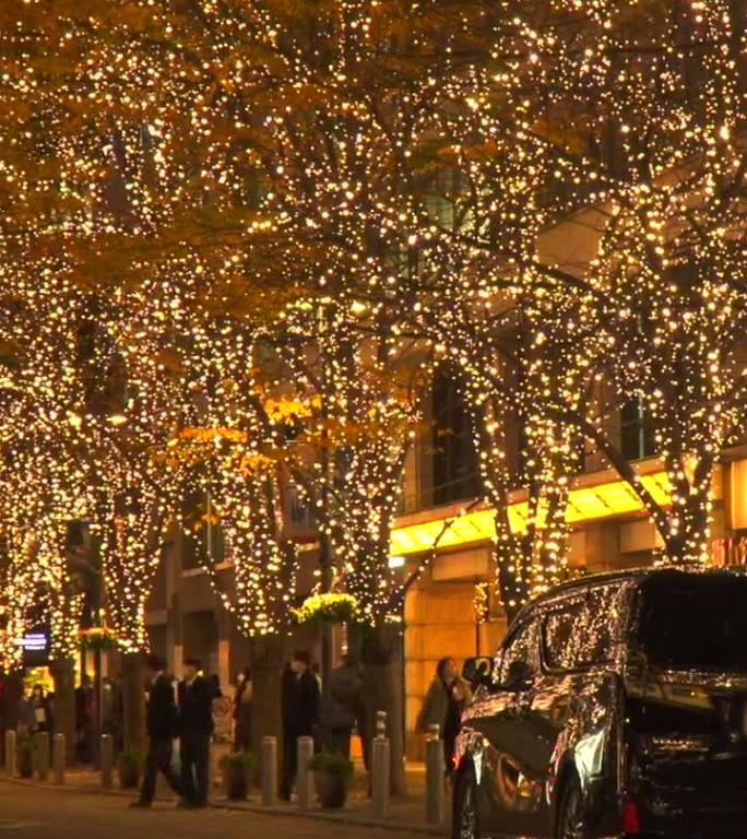 人们漫步在东京丸内的圣诞彩灯中