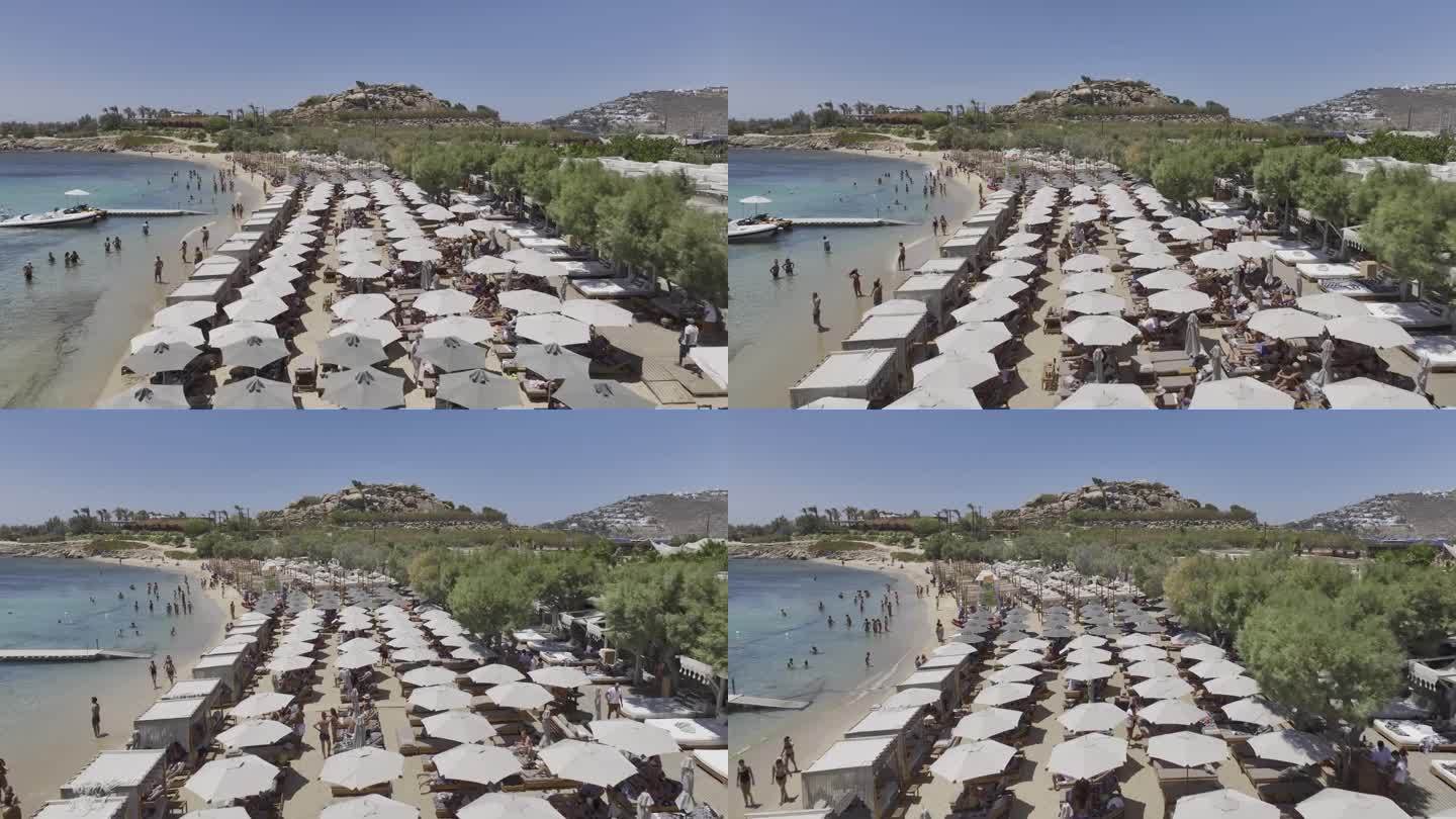 希腊圣安娜，背景中的米科诺斯海滩航拍视频