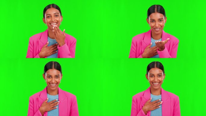 绿屏，印度女人在演播室里微笑着把手放在胸口表示感谢。聋哑人的手语、感激、符号或手语的手语、交流和肖像