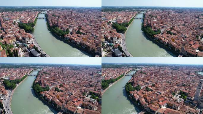 意大利维罗纳古城中心与阿迪吉奥河的4K航拍