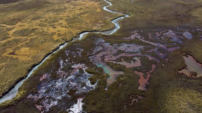摄像机将秘鲁安第斯山脉的一条小河和缓冲沼泽与远处的山峰进行平移