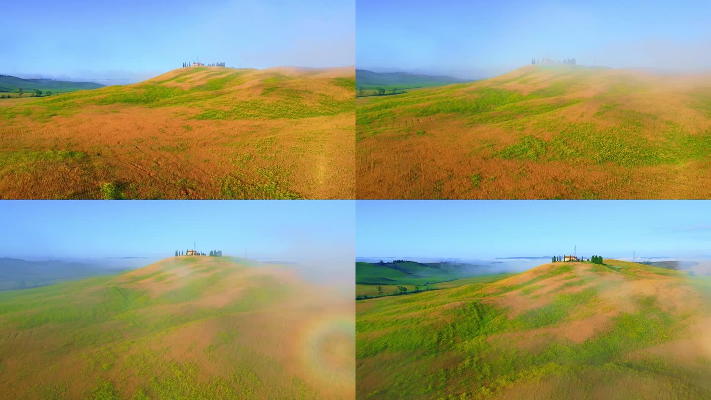 无人机俯瞰托斯卡纳金色起伏的丘陵景观