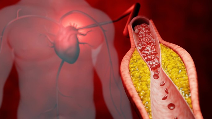 高脂血症。动脉阻塞的概念和人体血管作为一种疾病与胆固醇脂肪堆积堵塞。动脉阻塞，动脉中的胆固醇斑块。三