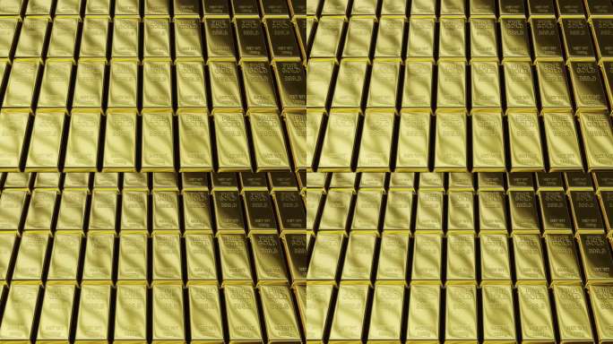 现实的黄金堆栈:动态相机运动旁边的一堆金条-豪华和引人注目的视频背景3d渲染