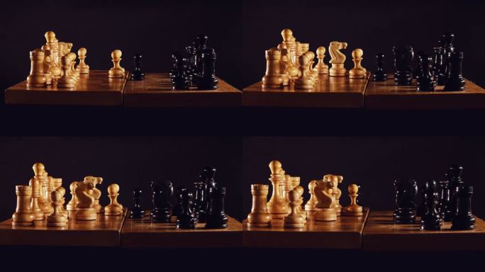 在黑色背景上以皇后开局的老棋局，定格动作