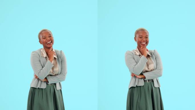 笑，商业和时尚与黑人女性在演播室自信，专业和赋权。快乐，微笑和骄傲的女性在蓝色背景的行政，企业家和风