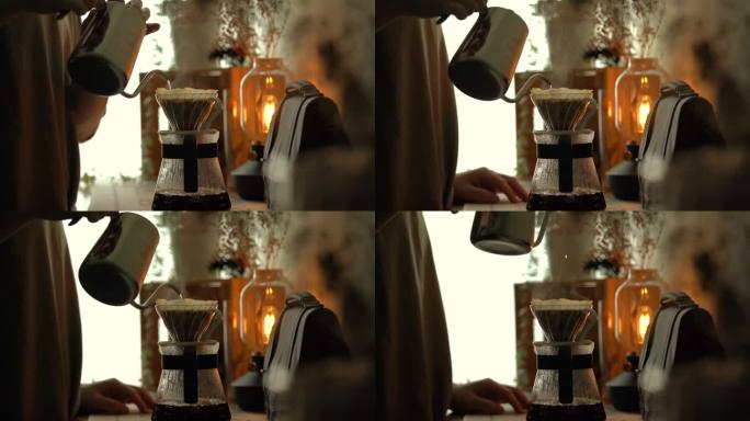 倒咖啡手磨手拿水壶热水壶热气