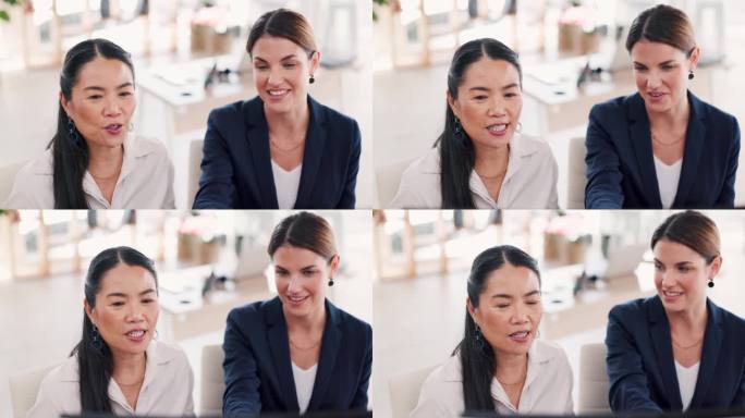 与职场女性在办公室进行培训、学习或人力资源方面的交流，共同进行介绍。在电脑上与公司女性员工团队进行协