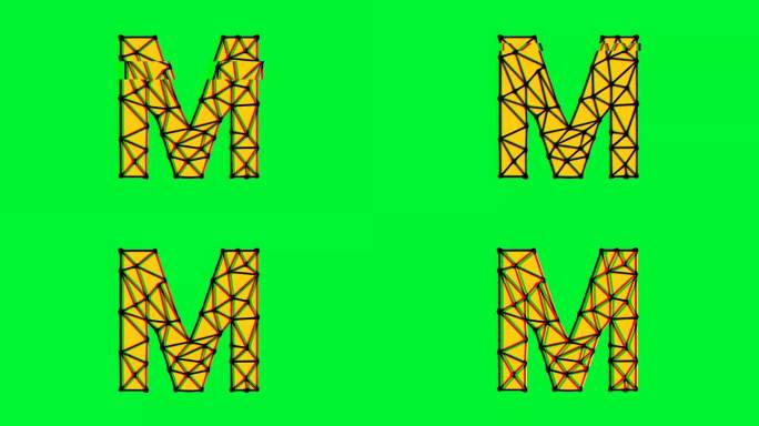 多边形字母m动画与故障效果的绿色背景，4k分辨率视频，文本运动图形