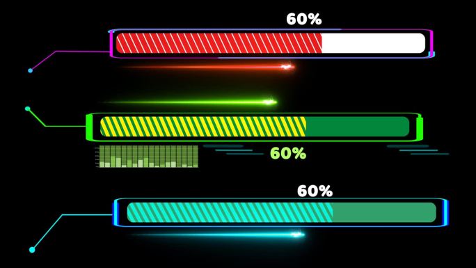 进度条三个包填充三种颜色与激光射击标注和百分比文字运动在黑屏上