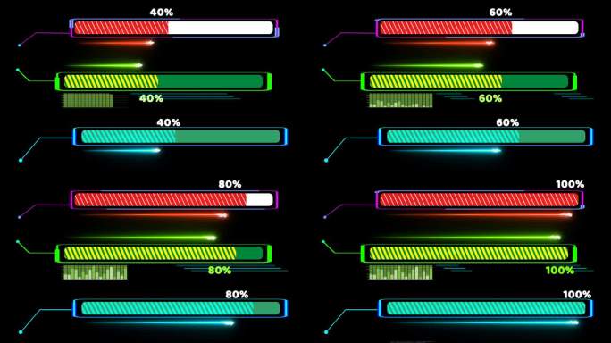 进度条三个包填充三种颜色与激光射击标注和百分比文字运动在黑屏上