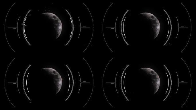 Hud显示扫描仪与圆形目标进行半月的月球轨迹。动态图形的网络和科幻技术概念