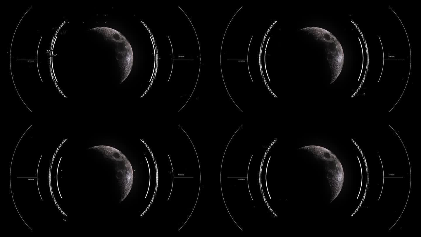 Hud显示扫描仪与圆形目标进行半月的月球轨迹。动态图形的网络和科幻技术概念