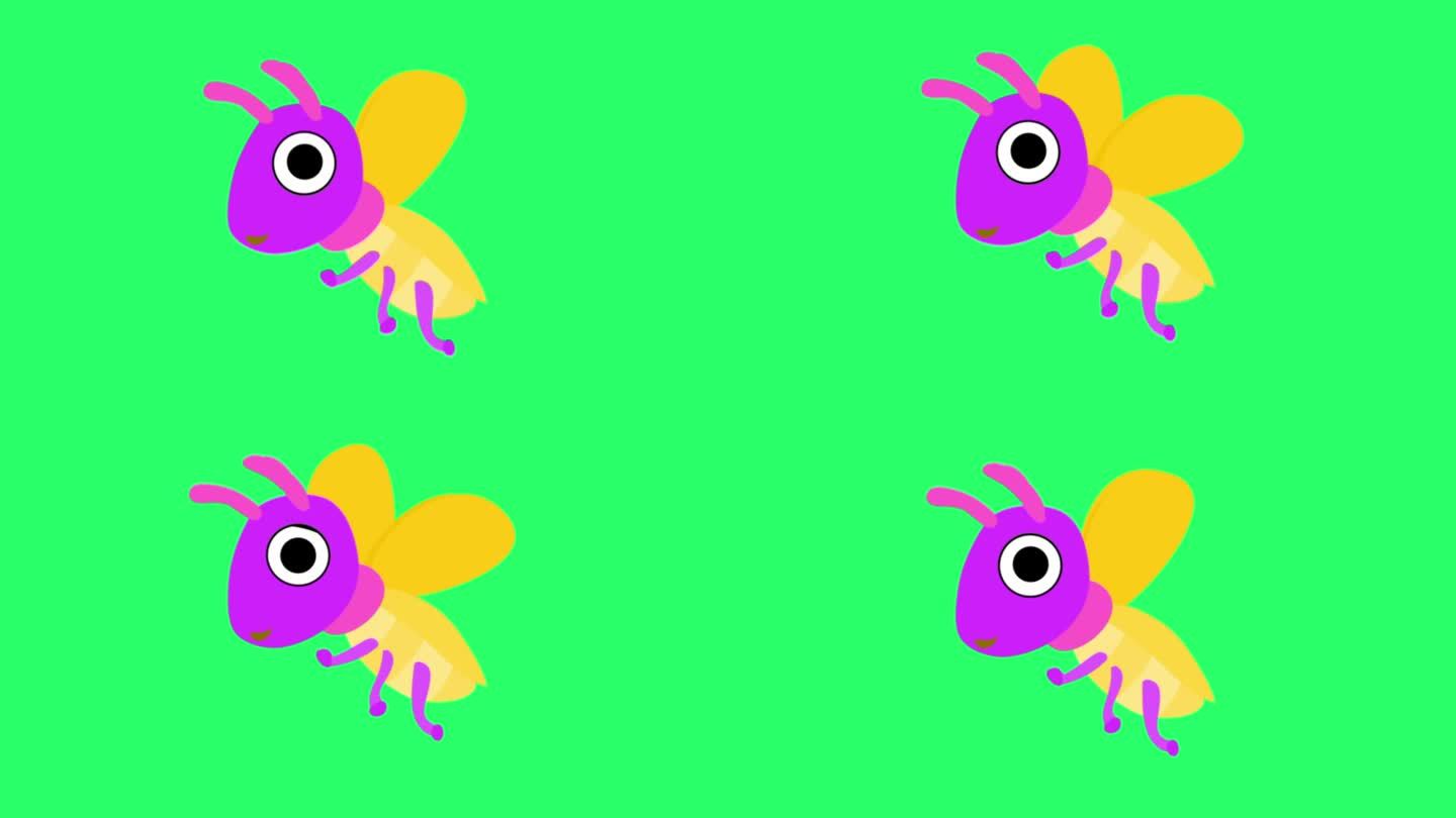 动画可爱的昆虫隔离绿色背景。