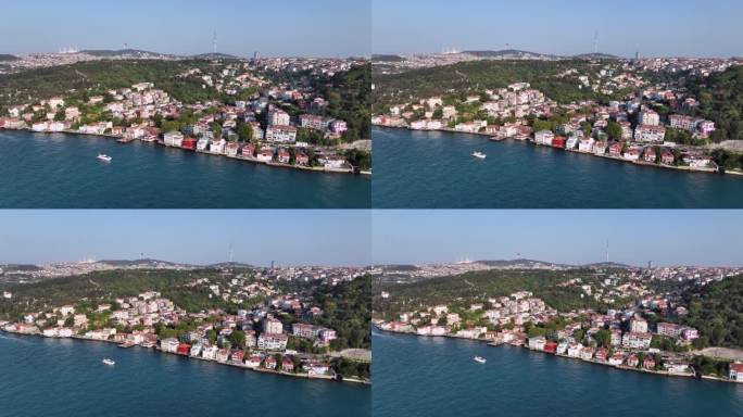 土耳其伊斯坦布尔的Uskudar区。博斯普鲁斯运河和博斯普鲁斯大桥被官方称为7月15日烈士桥。无人机