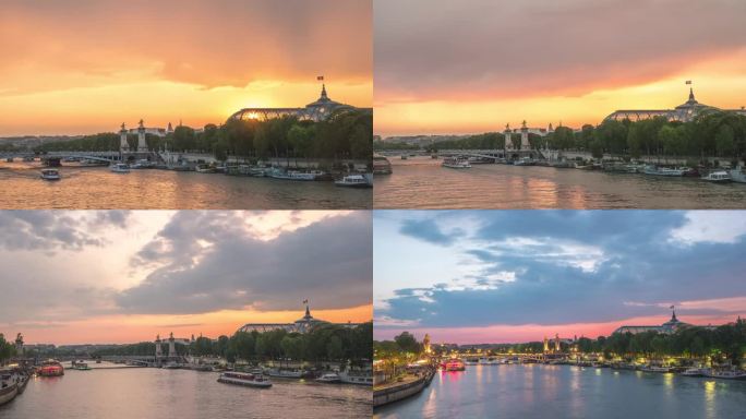 法国巴黎延时4K，城市天际线日夜日落延时在塞纳河与亚历山大三世桥和大皇宫